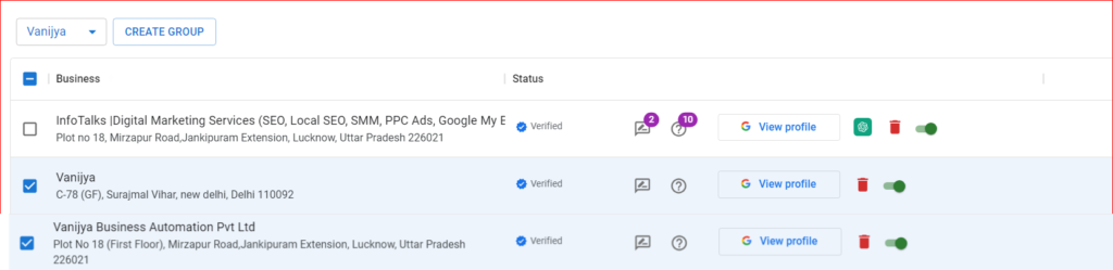 select profile for grouping in google my business