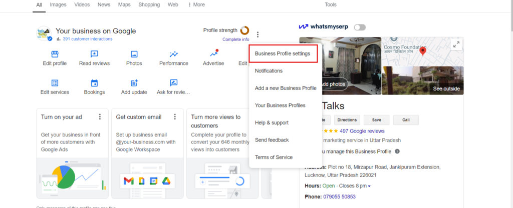 business profile setting button to delete google map listing