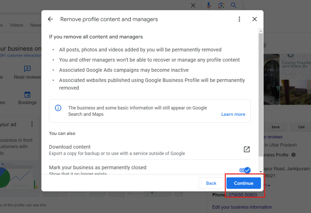 continue to remove the google business profile